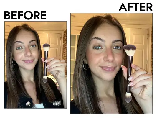 A person after applying blush with the Haus Labs Dual-Ended Multipurpose Brush next to a person applying blush using the BK Beauty 104 Tapered Powder Brush