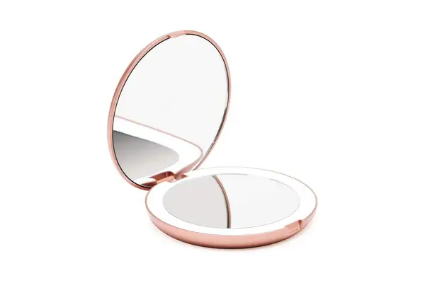 A tester looking at her face in the Flymiro Tri-Fold Lighted Vanity Makeup Mirror