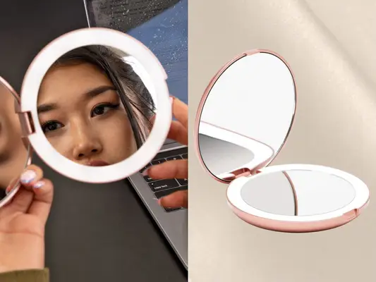 Collage of a face reflected in a hand-held compact lighted mirror and an opened compact mirror against a neutral background