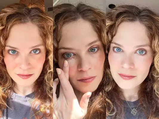 Person applying and showing before and before of Bobbi Brown Color Corrector for dark circles