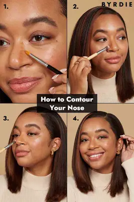 Model is blending out contour with a small, fluffy brush along the sides of the nose