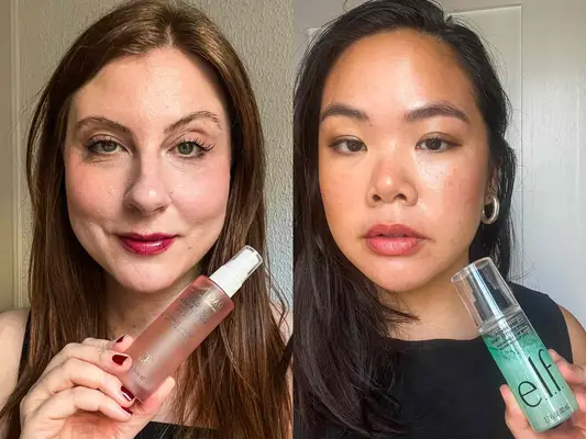 two testers holding drugstore setting sprays from Pacifica and e.l.f.