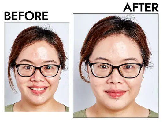 Photos of person’s face before and after using It Cosmetics Your Skin But Better CC+ Nude Glow Foundation