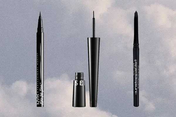 A collage of eyeliners for oily lids, including NYX, Sephora, and Maybelline, on a blue sky background