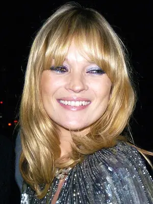 Kate Moss, bangs and blue eyeshadow