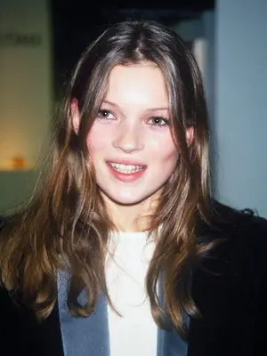 Young Kate Moss, long brown hair, beauty evolution