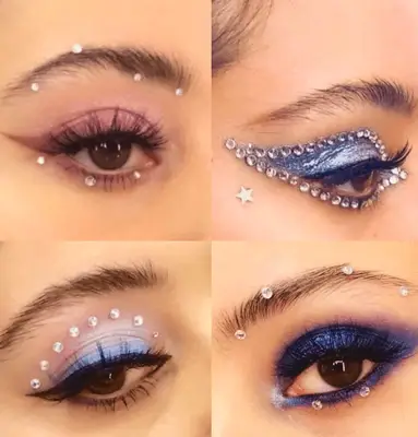 four block of photos featuring gem stone eye designs worn on Euphoria 