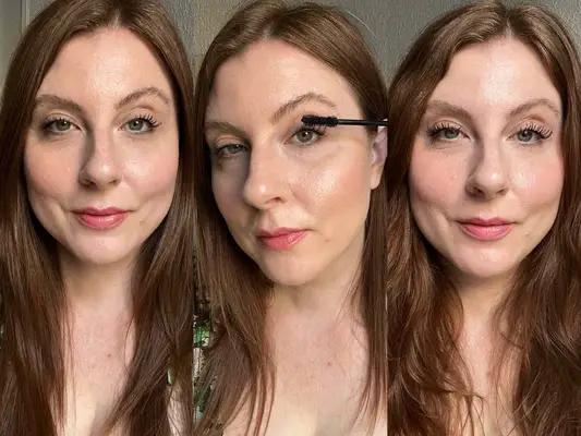 Collage of three views of a person wearing and applying curling mascara