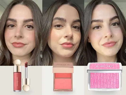 A collage of a person wearing various viral blushes, including products by Rare Beauty, Patrick Ta, and Dior