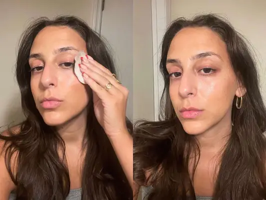 A collage of a tester using a cotton pad and makeup remover