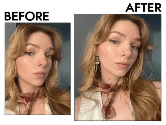 MYM Beauty editor before and after using the One/Size Powder Melt Glass Skin Spray
