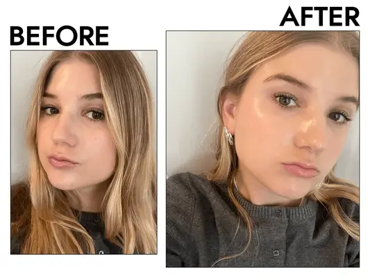 MYM Beauty editor before and after using the One/Size Powder Melt Glass Skin Spray