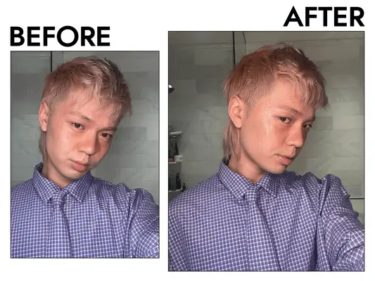 MYM Beauty editor before and after using the One/Size Powder Melt Glass Skin Spray