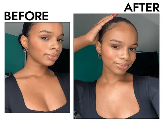 MYM Beauty editor before and after using the One/Size Powder Melt Glass Skin Spray