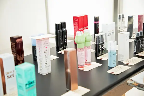 Rare Beauty by Selena Gomez Always An Optimist 4-in-1 Prime & Set Mist displayed on a counter with other makeup products