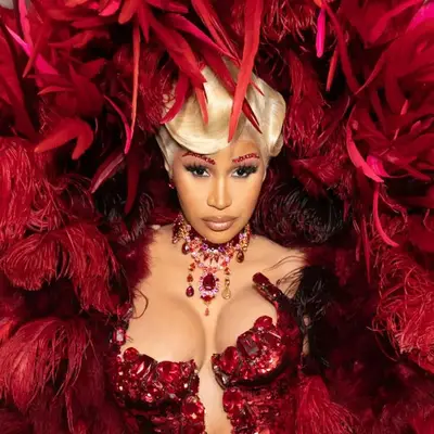 Cardi B in a red, feathery look