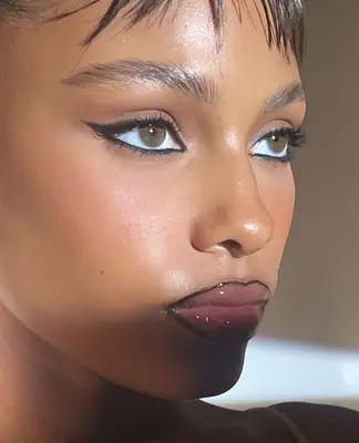 model is wearing precise black winged eyeliner with high shine lips and black liner outlining lips