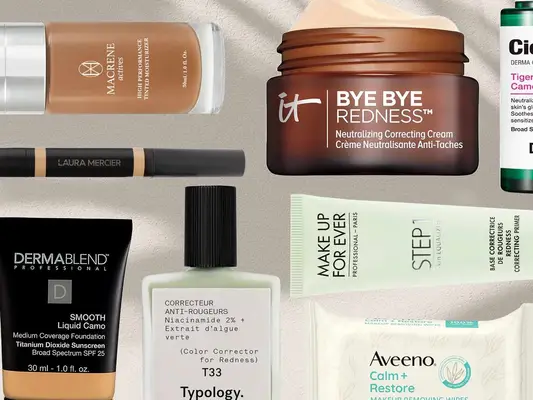 A collage of makeup products for rosacea from brands including IT Cosmetics, Laura Mercier, Macrene, Aveeno, and more 