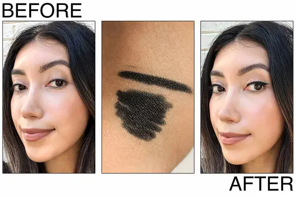 A person before and after using the Makeup by Mario Master Pigment Pro Eyeliner Pencil on their face and hand