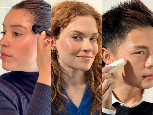 Collage of two people applying highlighter and one person with red hair smiling