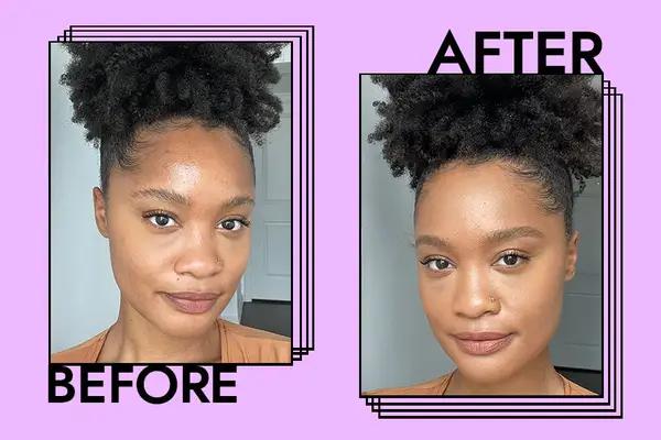 woman wearing bareminerals foundation before and after