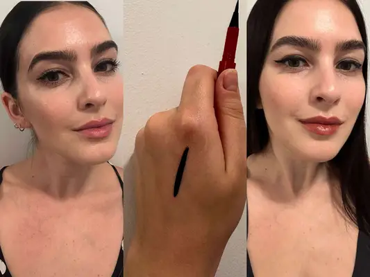 Before and after of a person holding a liquid eyeliner pen with a swipe on their hand, and after applying liquid eyeliner