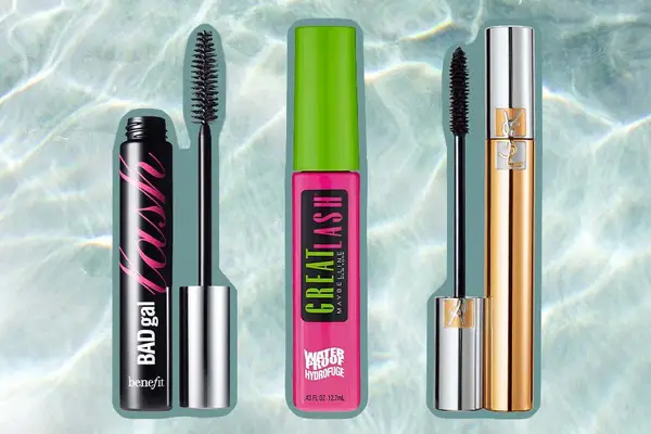 Assortment of water-based mascaras outlined in blue and displayed on a realistic water patterned background