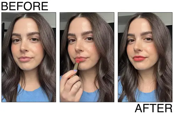 Lipsticks being tested on a female editor showing before and after application