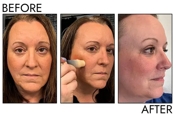 A before and after photo showing the effects of using Dibs Beauty Desert Island Duo