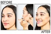 A before and after photo showing the effects of using Dibs Beauty Desert Island Duo