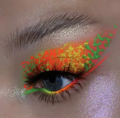 graphic neon eyeshadow with neon yellow, green, and orange in an animal like print on the lid
