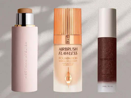 Three recommended sweat-proof foundations against a white background, including picks from Westman Atelier, Charlotte Tilbury, and Rose Inc