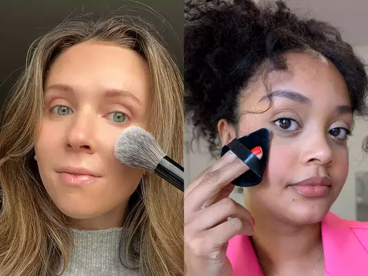 A person applying the Charlotte Tilbury Airbrush Powder next to a person applying the Haus Labs bio blurring loose setting powder