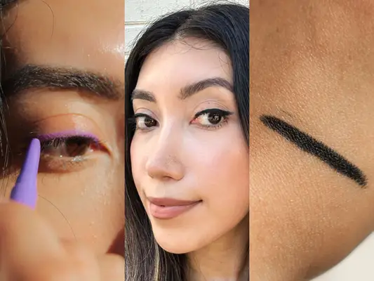 Collage of a person applying a purple eyeliner pencil, a person wearing winged eyeliner, and a swatch of eyeliner on a hand