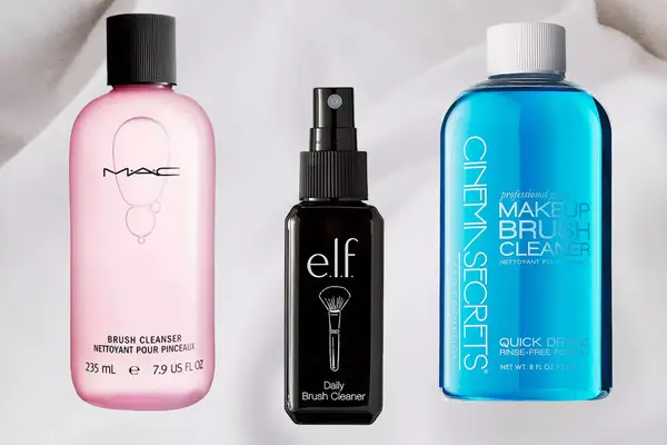 A collage of makeup brush cleaners we recommend on a gray background, including the MAC Cosmetics Brush Cleanser and e.l.f Cosmetics Daily Brush Cleaner