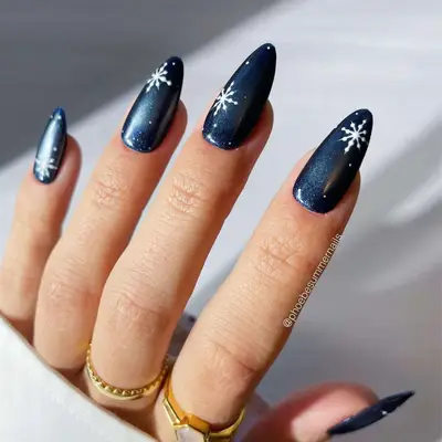 Dark navy blue nails with snowflakes