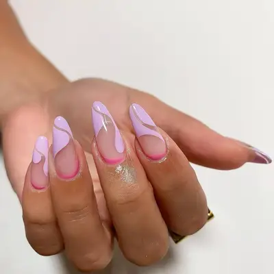 Lavender and pink nails.
