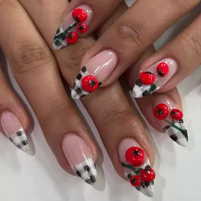 gingham french tips with builder gel tomatoes