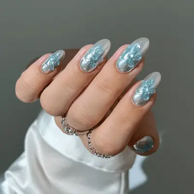 blue chrome french long nails