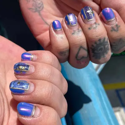 blue and gold chrome nails