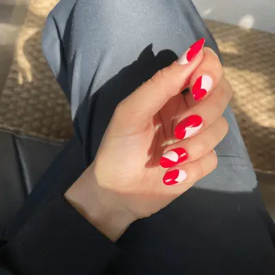 light pink and red heart manicure