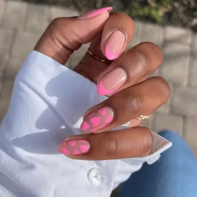 pink french manicure with hearts