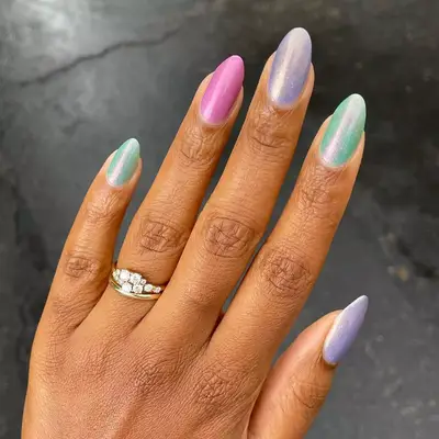 shimmery pastel oval-shaped nails