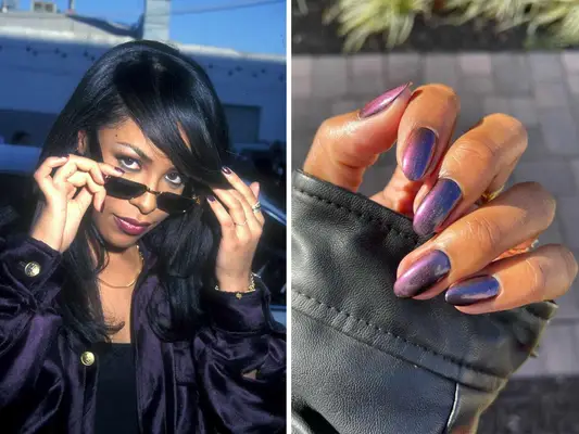 Aaliyah with moody purple manicure in the 90s