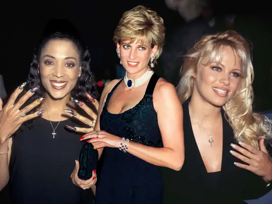 Florence Griffth-Joyner, Princess Diana, and Pamela Anderson with 90s Nail Trends