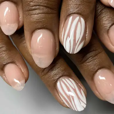 nude nails with white line designs