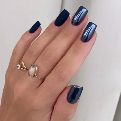 blue matte and chrome manicure