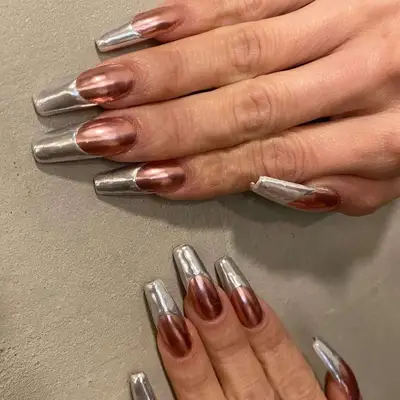 silver and rose gold chrome nails