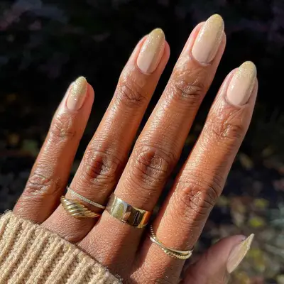 Gold Gilitter-Dipped Cream Tips - MYM Beauty Cream Colored Nails for Fall 