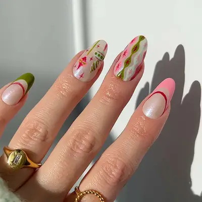 a mid-century manicure in shades of pink and green